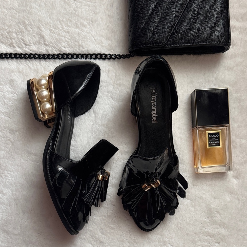 Jeffrey Campbell Black Patent Leather Fringe Heels with Pearl Block Heel